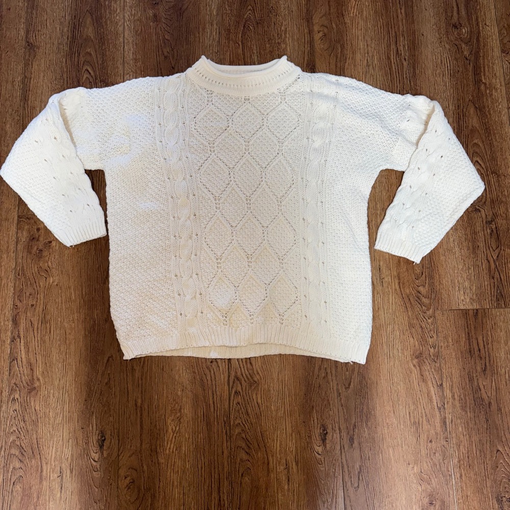 80s Cotton Forever Cream Chunky Knit Sweater USA 100% Cotton Women L Cottage VTG